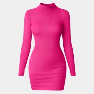 OQQ Bright Pink Ribbed Mock Neck Long Sleeve Tummy Control Mini Dress Large N44